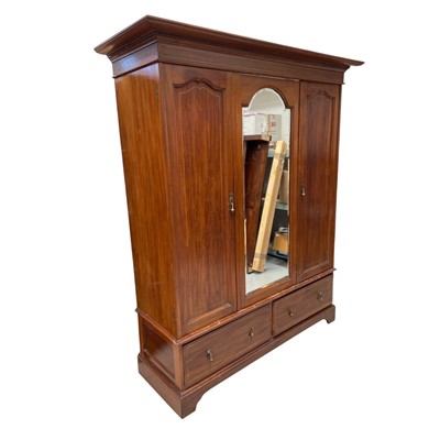 Lot 11 - Antique Mahogany Inlaid Triple wardrobe with...