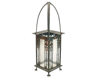 Lot 828 - An Art Nouveau copper square section hall lantern.