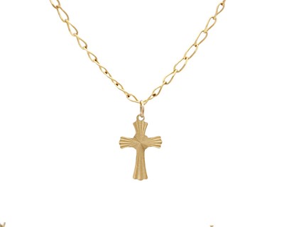 Lot 22 - A 9k gold cross pendant on fancy cable link chain.