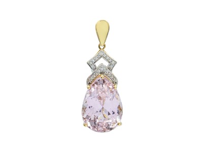 Lot 65 - A 14k gold kunzite and diamond pendant.