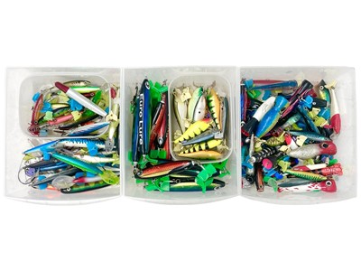 Lot 306 - Fishing tackle: a large collection of big game lures, poppers, and jigs.