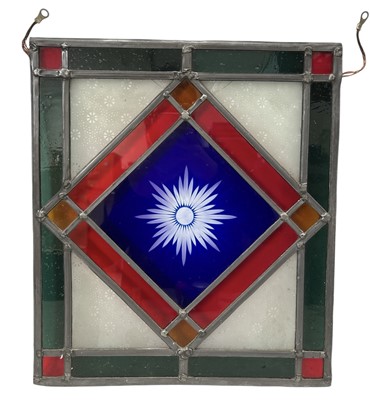 Lot 10 - A leaded stained glass panel, 38.5cm x 44cm.