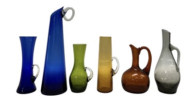 Lot 92 - Six vintage coloured glass pitchers/bud vases,...
