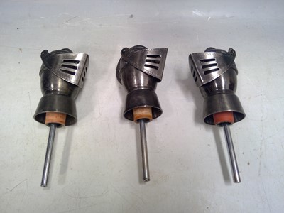 Lot 26 - Three Metal Knights Helmet, Stopper / Pourers....