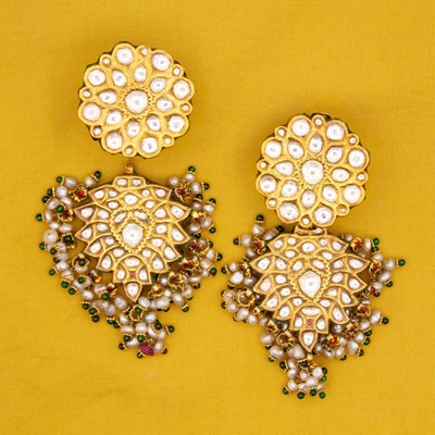 Lot 44 - A pair of traditional Indian 22k gold white spinel, pearl, and glass bead Jhumka earrings.