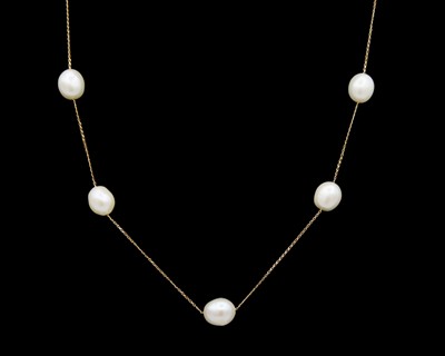 Lot 63 - A very fine 9k gold necklace set with five spaced freshwater pearls.
