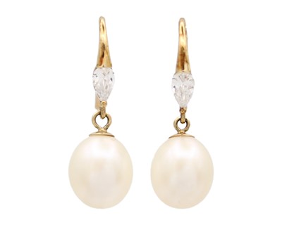 Lot 61 - A pair of 9k gold freshwater cultured pearl and CZ pendant earrings.