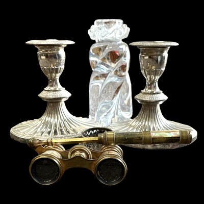 Lot 84 - A Baccarat glass candlestick, a pair of silver-...