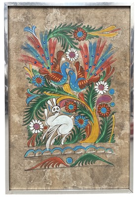 Lot 189 - Folk Art gouache of a rabbit and peacocks,...