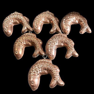 Lot 77 - Six Wagner (West German) copper fish moulds,...