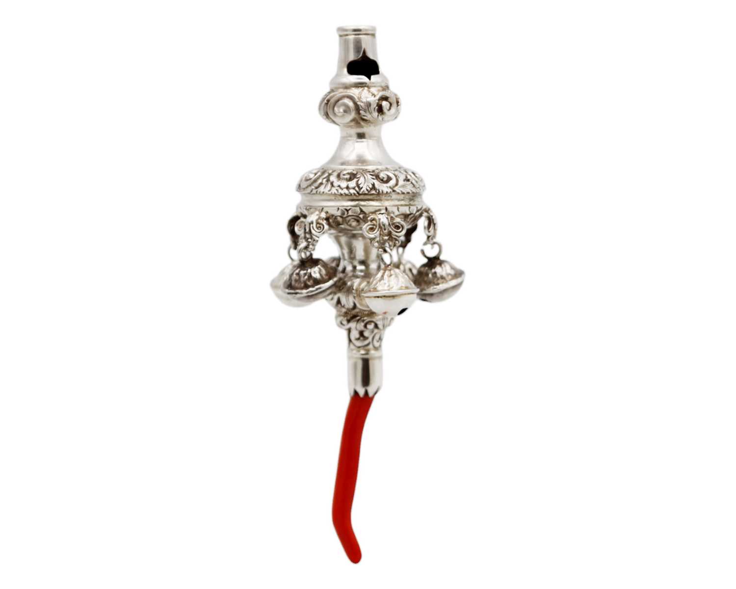 Lot 193 - A good Victorian silver baby's rattle with coral teether by George Unite.
