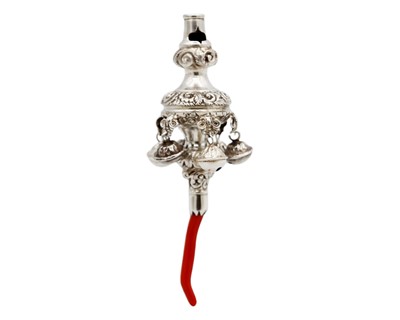 Lot 193 - A good Victorian silver baby's rattle with coral teether by George Unite.