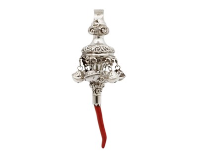Lot 193 - A good Victorian silver baby's rattle with coral teether by George Unite.