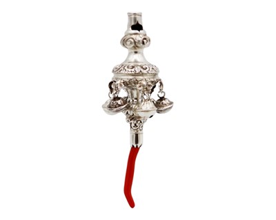 Lot 193 - A good Victorian silver baby's rattle with coral teether by George Unite.