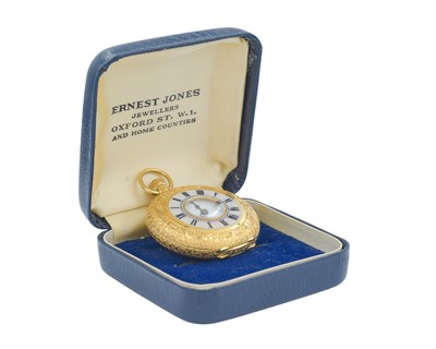 Lot 1079 - A good Swiss 18k and pale pink guilloche enamel half-hunter fob pocket watch.