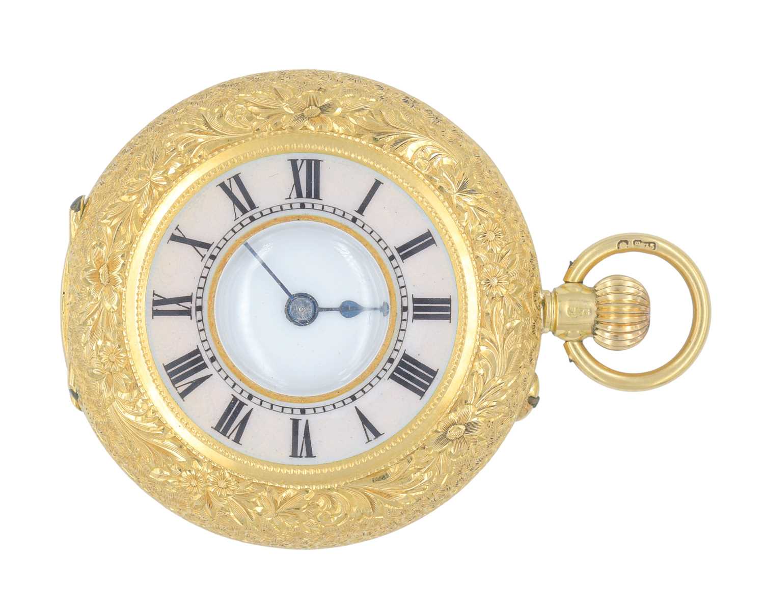 Lot 1079 - A good Swiss 18k and pale pink guilloche enamel half-hunter fob pocket watch.