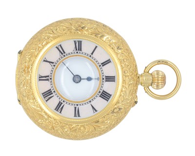 Lot 1079 - A good Swiss 18k and pale pink guilloche enamel half-hunter fob pocket watch.