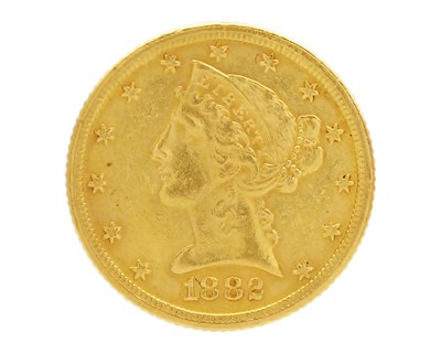 Lot 216 - A USA 1882 five dollar gold coin.