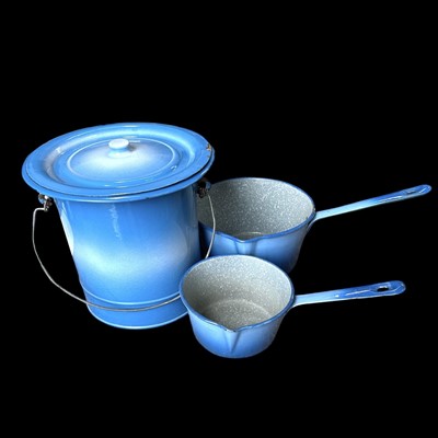 Lot 189 - Three French blue enamel cooking pots, the...