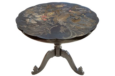 Lot 412 - A late 19th century Chinese export black lacquer parcel-gilt tripod table.