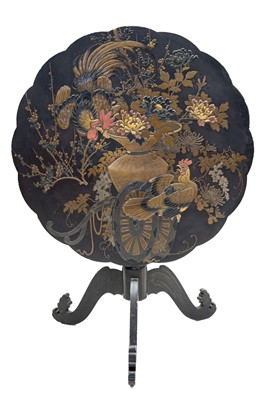 Lot 412 - A late 19th century Chinese export black lacquer parcel-gilt tripod table.
