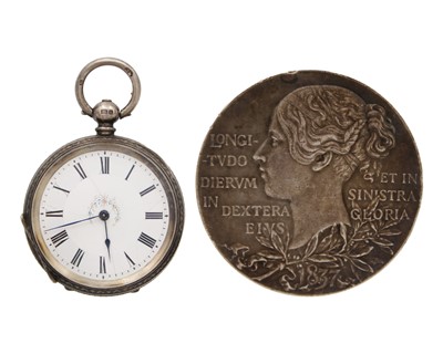 Lot 100 - A silver Queen Victoria 1837-1897 diamond jubilee medallion, and a silver fob pocket watch.