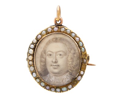 Lot 132 - An early Georgian gold and seed pearl set oval portrait miniature brooch pendant.