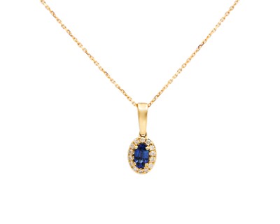 Lot 63 - A 9k gold sapphire and diamond cluster pendant necklace.