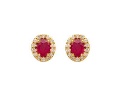 Lot 99 - A pair of 9k gold ruby and diamond cluster stud earrings.