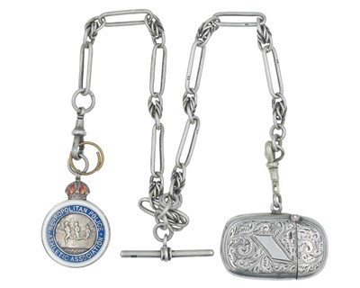 Lot 1123 - A silver fancy link double Albert watch chain, silver vesta case and a silver and enamel fob.