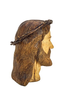 Lot 62 - A French carved wood head in the form of Jesus Christ.