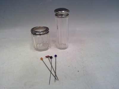 Lot 126 - Two Silver Top Jars and Four Hat Pins. The...