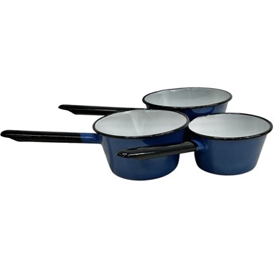 Lot 145 - Three Polish enamel saucepans, the largest...