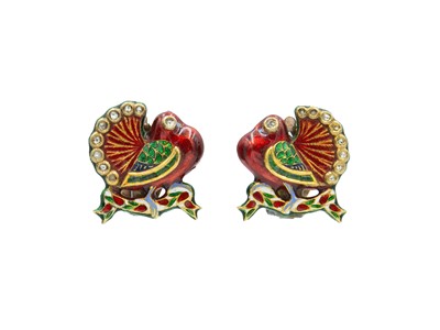 Lot 51 - A pair of traditional Indian high-purity gold, diamond, and enamel Peacock clip-on earrings.