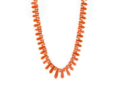 Lot 75 - A Victorian red coral bead fringe necklace.