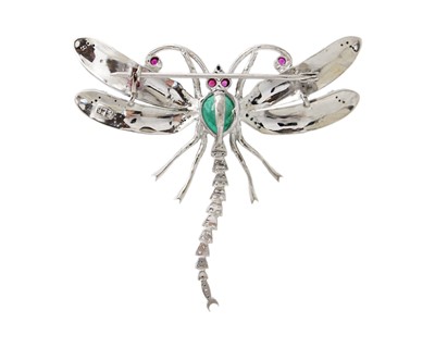 Lot 16 - A silver dragonfly brooch/pendant set with emerald, rubies, and diamonds, and enamel inlays.