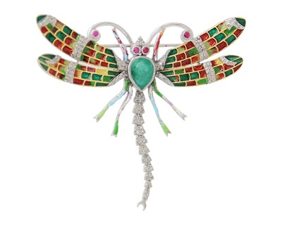 Lot 16 - A silver dragonfly brooch/pendant set with emerald, rubies, and diamonds, and enamel inlays.