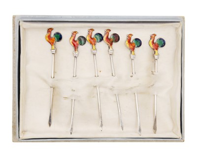 Lot 123 - A set of six silver Hors d'oeuvres picks mounted with coloured enamel cockerel finials.