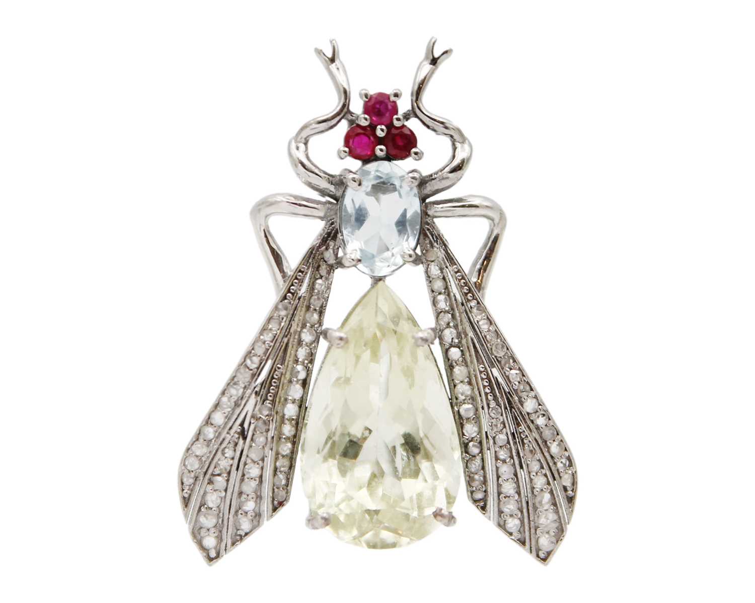 Lot 28 - A silver, yellow beryl, aquamarine, ruby, and diamond fly brooch/pendant.