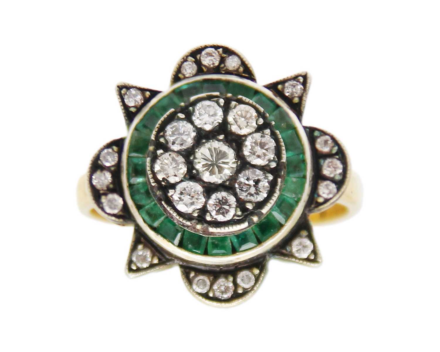 Lot 36 - A 9k gold Georgian-style emerald and diamond dress ring.