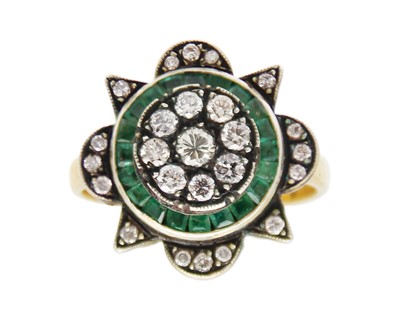 Lot 36 - A 9k gold Georgian-style emerald and diamond dress ring.