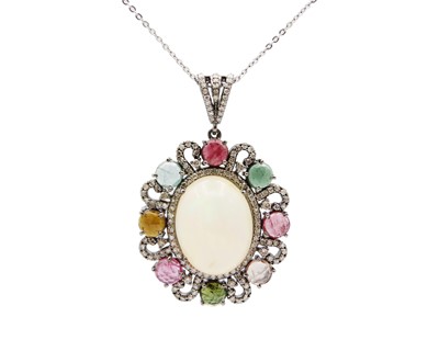 Lot 48 - A large silver, opal, tourmaline, and diamond pendant necklace.