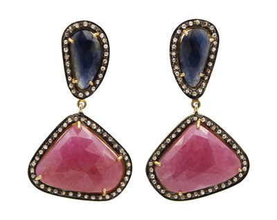 Lot 52 - A pair of unusual, silver gilt, sapphire, ruby, and diamond pendant earrings.