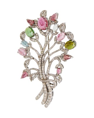Lot 104 - A silver, multicoloured tourmaline, and diamond flower bouquet motif brooch.