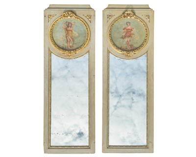 Lot 838 - A pair of French painted and parcel gilt Trumeau mirrors.