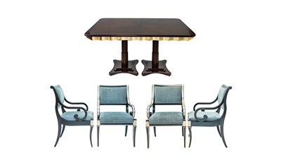 Lot 939 - A Regency style mahogany finish, gilt and ebony strung dining table and chairs.