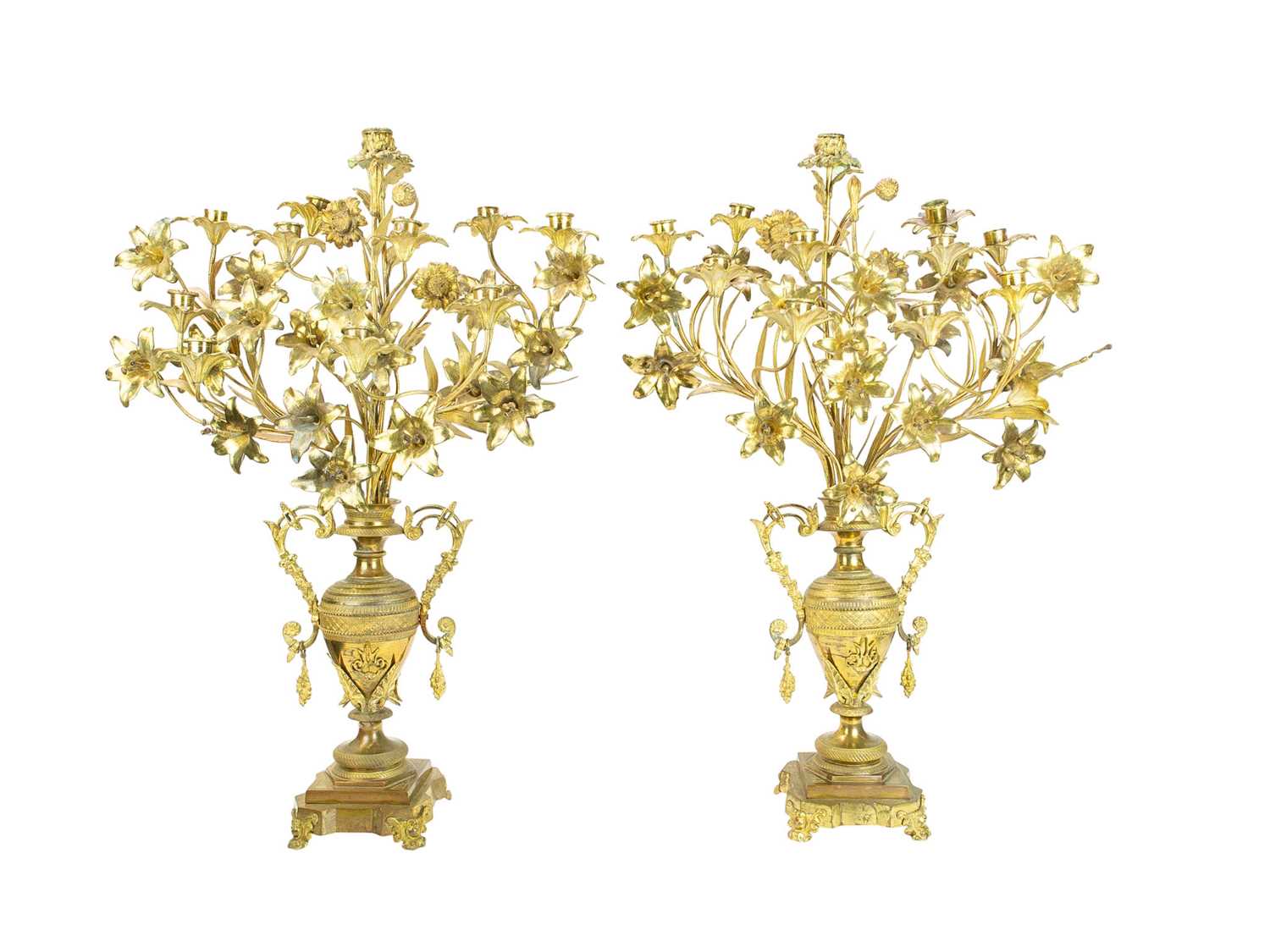 Lot 22 - A pair of ornate large French gilt metal candelabra.