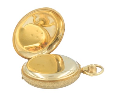 Lot 1076 - A Victorian 18k half-hunter fob pocket watch and a 15k gold fancy Albert watch chain with a half sovereign fob.