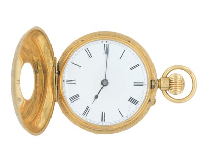 Lot 1076 - A Victorian 18k half-hunter fob pocket watch and a 15k gold fancy Albert watch chain with a half sovereign fob.