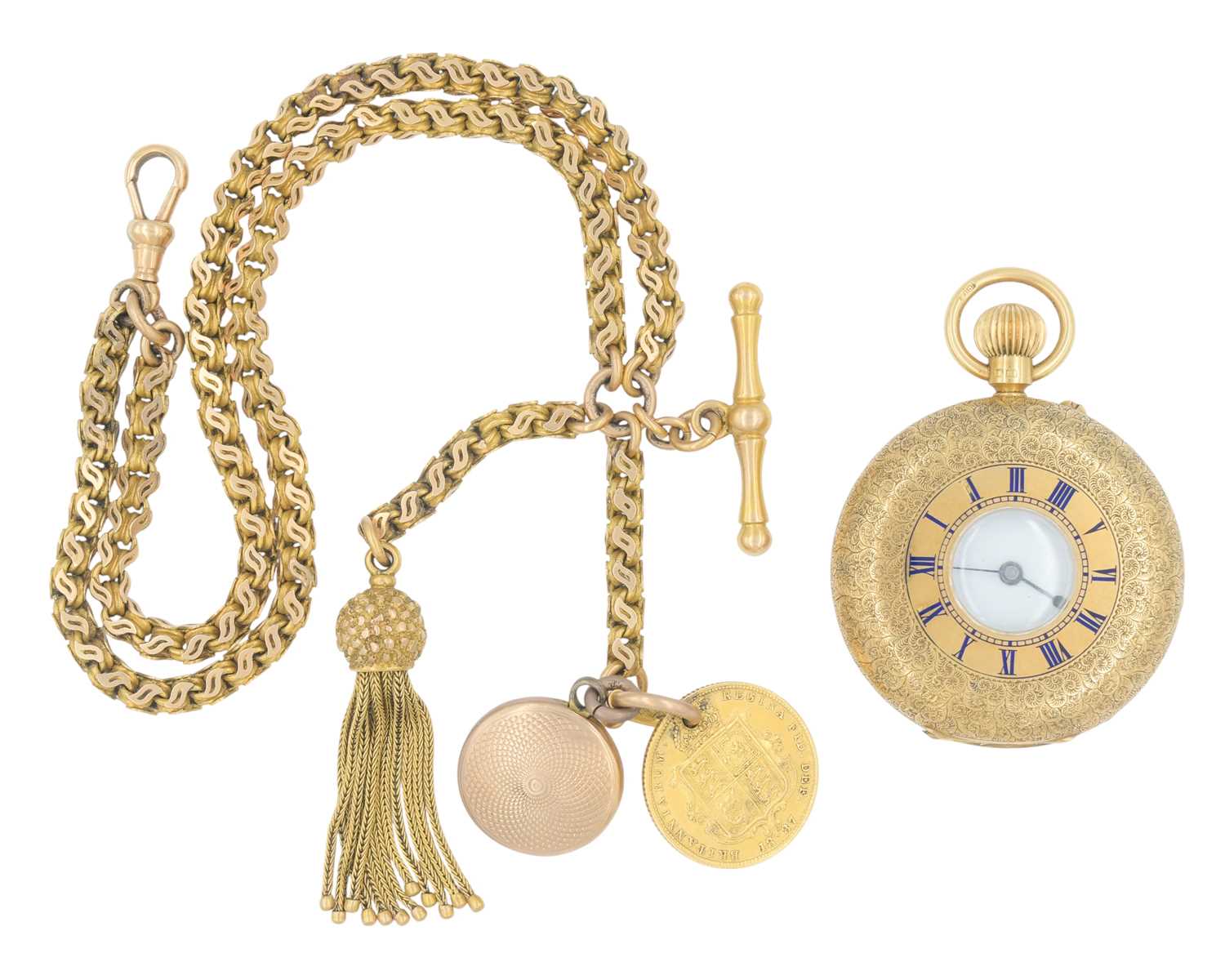 Lot 1076 - A Victorian 18k half-hunter fob pocket watch and a 15k gold fancy Albert watch chain with a half sovereign fob.